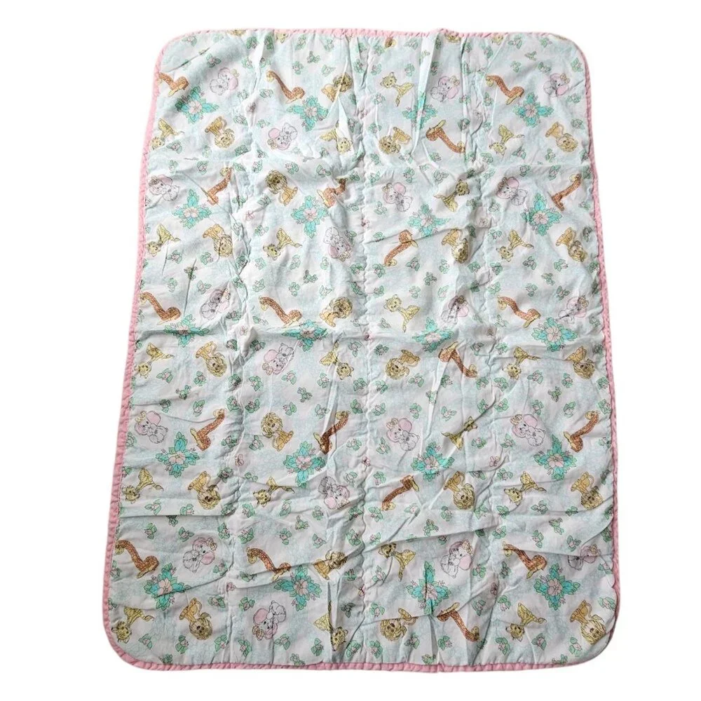 VTG Precious Moments Animal Baby Quilt Blanket Flowers Pink Flannel‎ Back 31x41